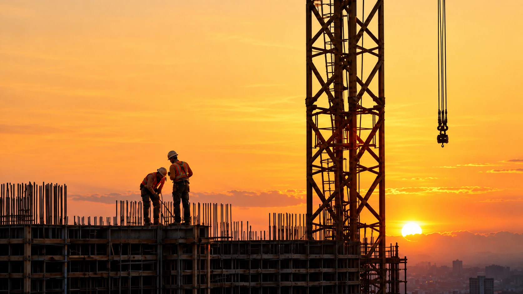 Two construction workers on a rebar-topped building beside a tower crane at sunset