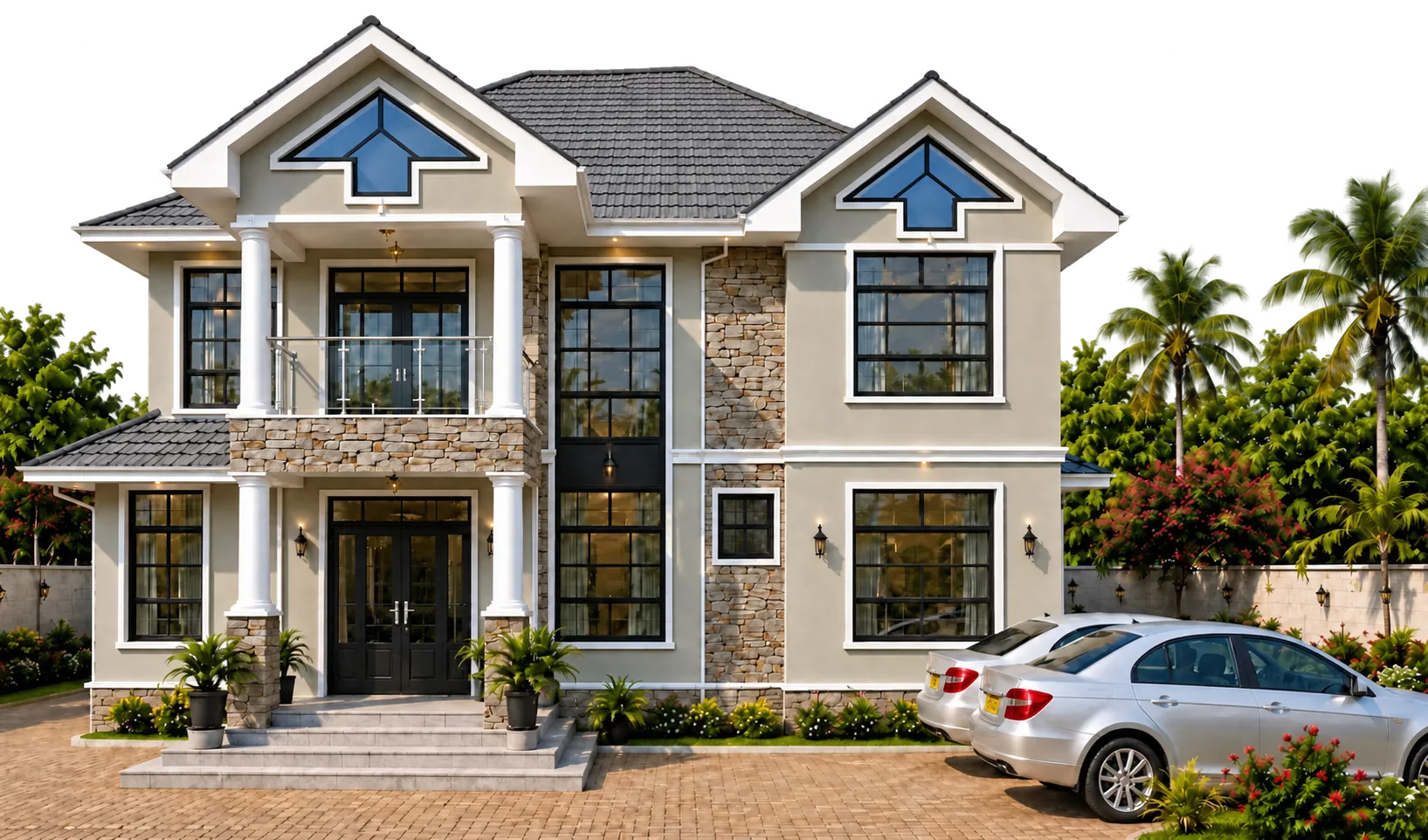 Architect rendering of a two-storey stone-and-grey house with white columns, palm trees, two silver cars and a paved driveway