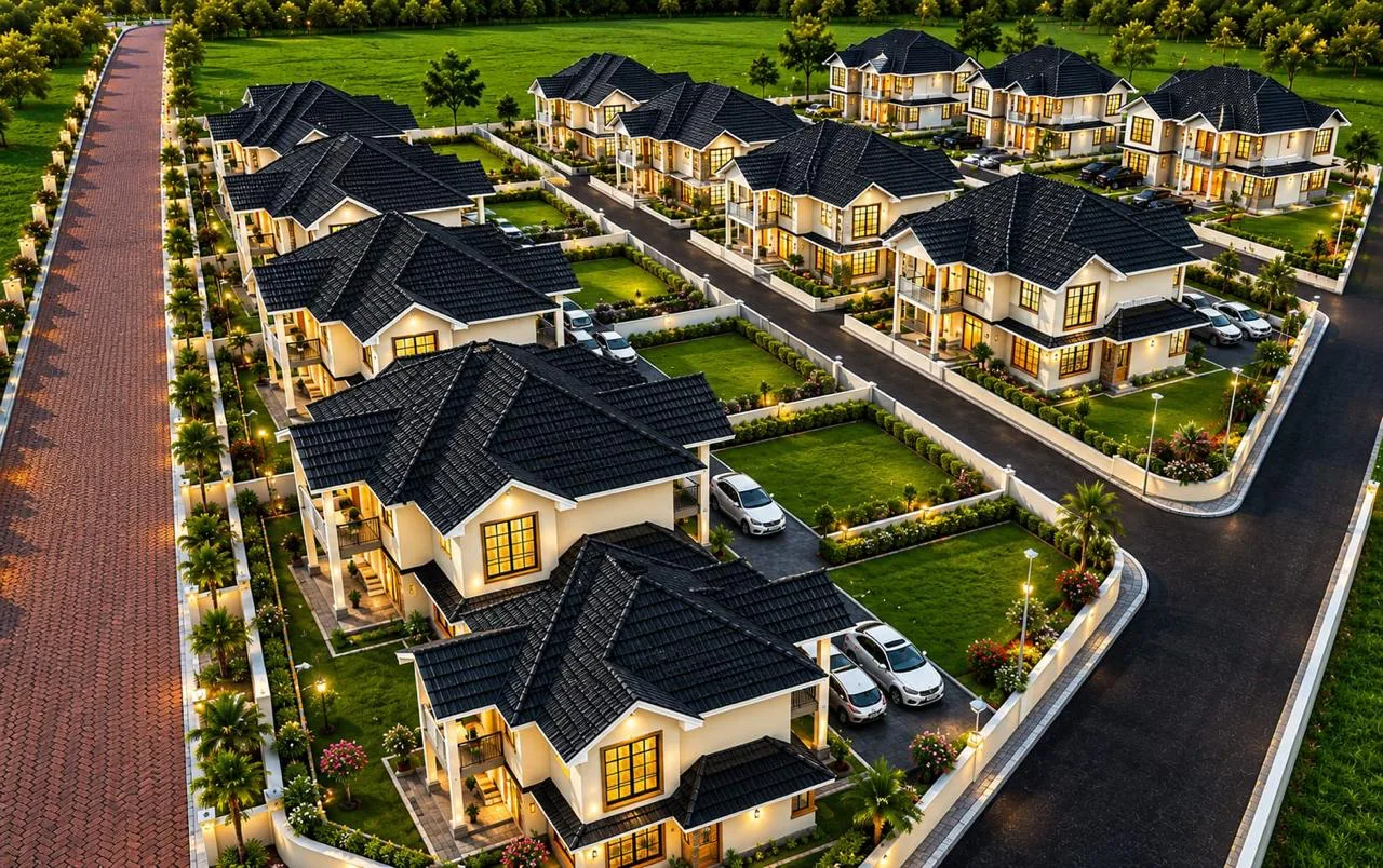 Aerial view of the estate at dusk, with lit windows and street lamps