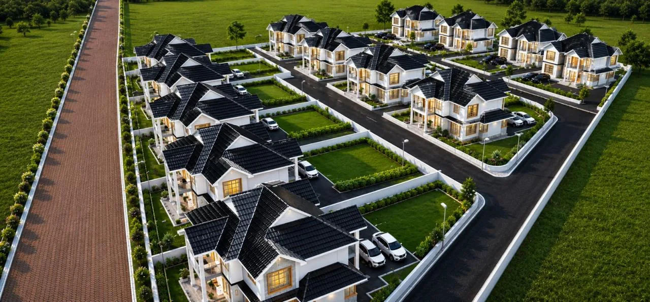 Aerial view of the estate: rows of houses with gardens along a paved road, surrounded by fields