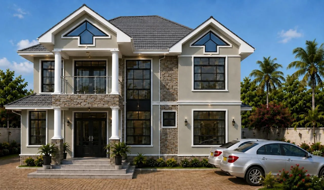 The front of a two-storey house with a paved driveway under a blue sky