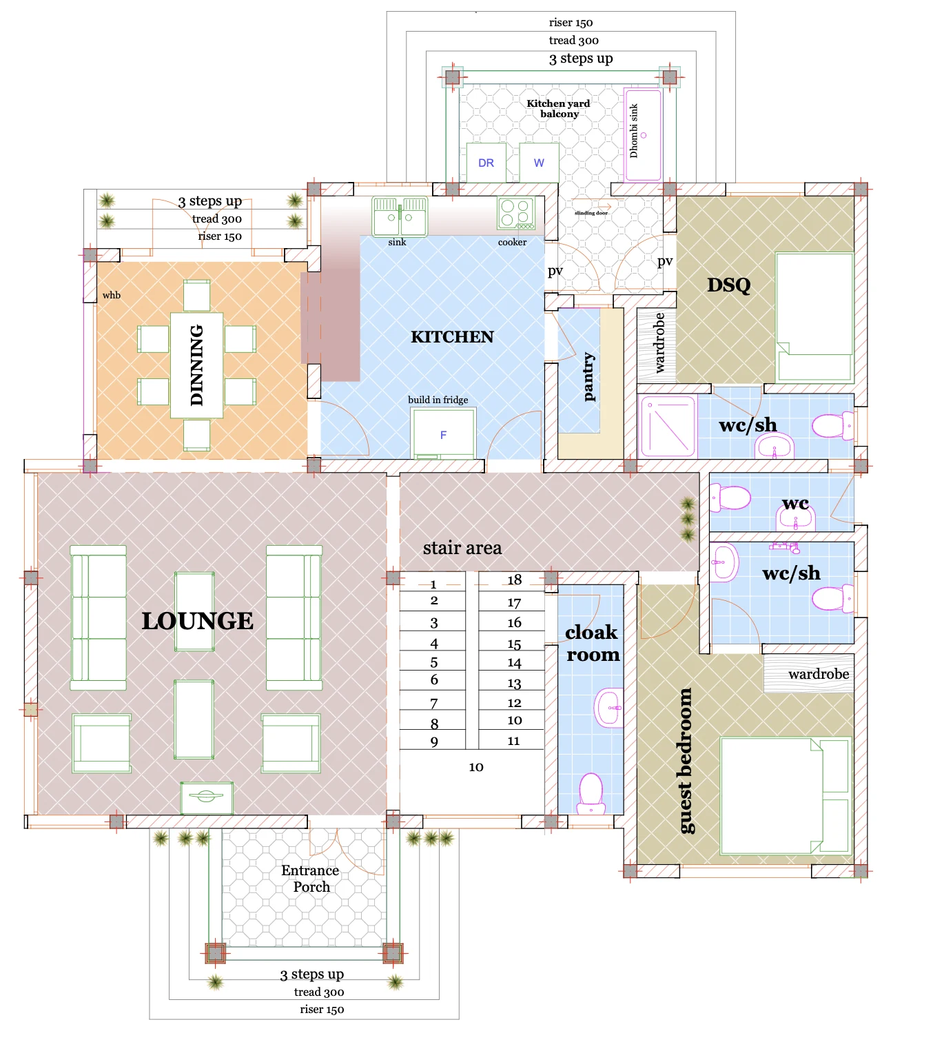 Ground floor plan: entrance porch, lounge, dining, kitchen with pantry and kitchen yard balcony, guest bedroom, DSQ, cloakroom, WC and stairs