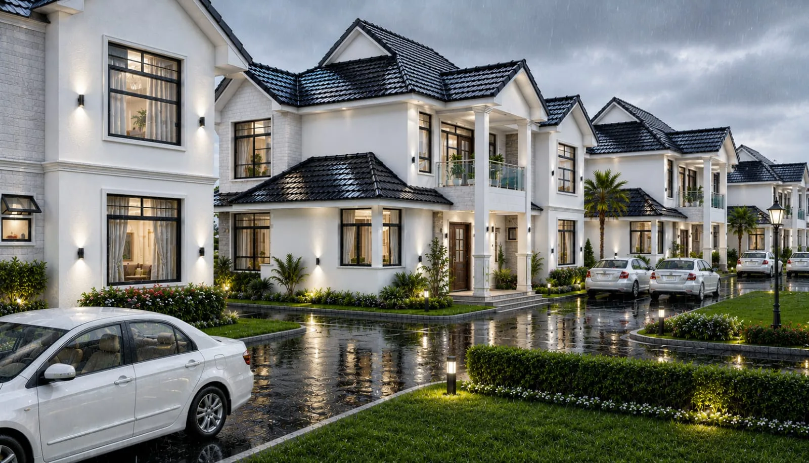 A row of white houses with landscaped lawns along a wet street